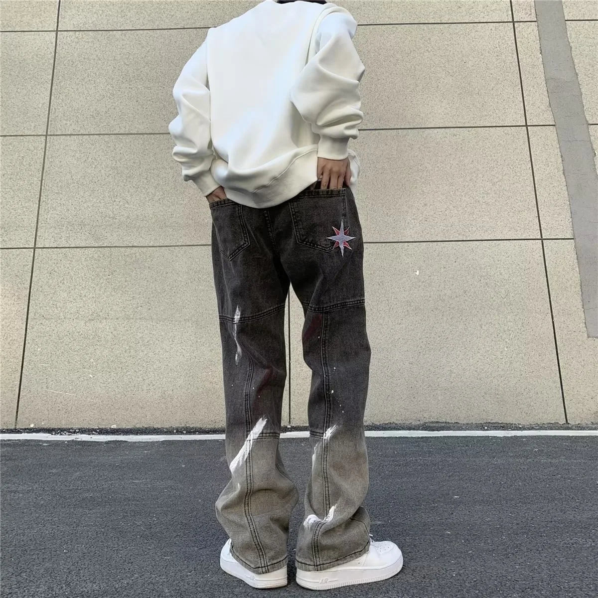 sanyamk High Street hiphop jeans Men's hip-hop Street work straight pants Black gray gradient speckled pants streetwear pantalon homme