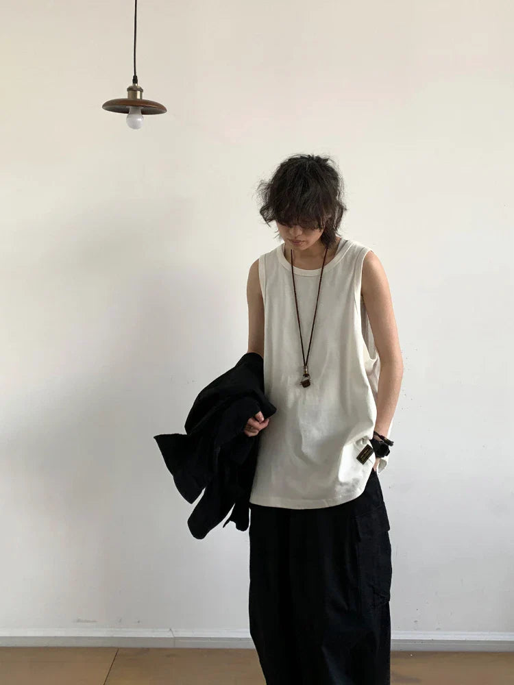 Bonsir Tank Tops Men All-match Basic Retro Japanese Style Unisex O-neck Sleeveless Solid Color Youthful Vitality Summer Loose Soft