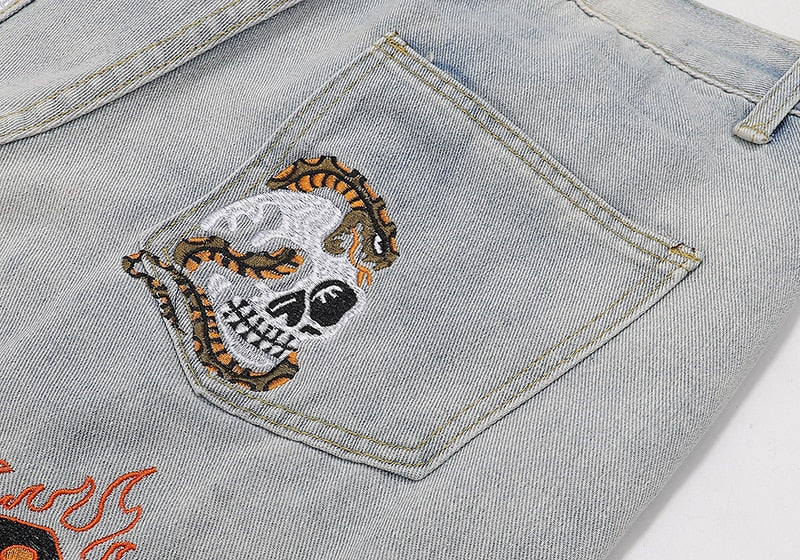 sanyamk High Street Flame Skull Embrodiery Vintage Denim Trousers Men's Distressed Washed Straight Baggy Oversized Jeans Pants