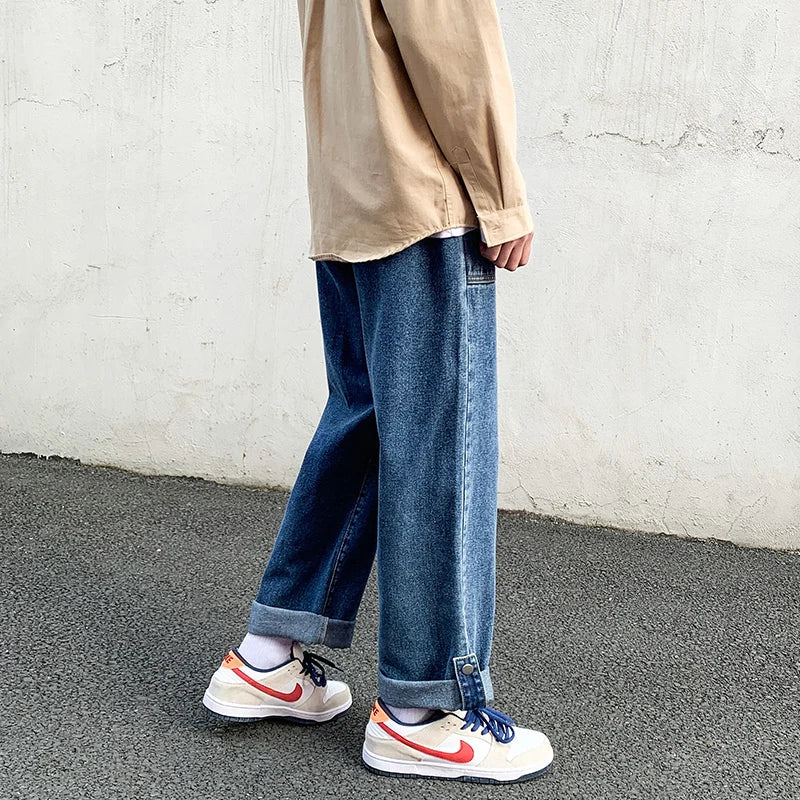 sanyamk Spring New Wide-leg Jeans Men's Straight Loose Pants Hong Kong Style Trend Retro Trousers Bottom Buckle Ankle-length pants
