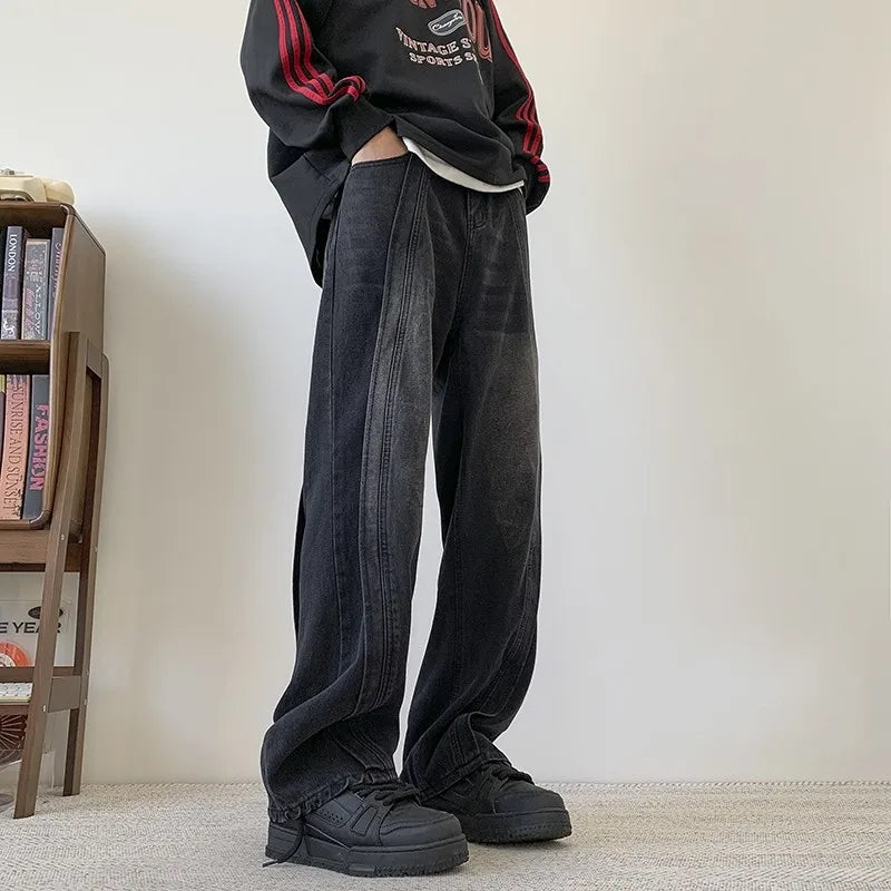 sanyamk Fashion High Street Mens Baggy Jeans Man Pants Black Blue Vintage Distress Layer Straight Long Denim Trousers Hip Hop Clothing