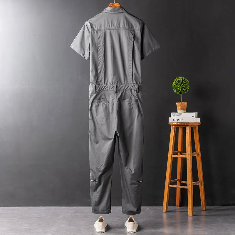 sanyamk - Summer Overalls Men Jumpsuit Lapel Cotton Short Sleeve Multi-Pocket Zipper Hip Hop Streetwear Pants Black Gray Trousers