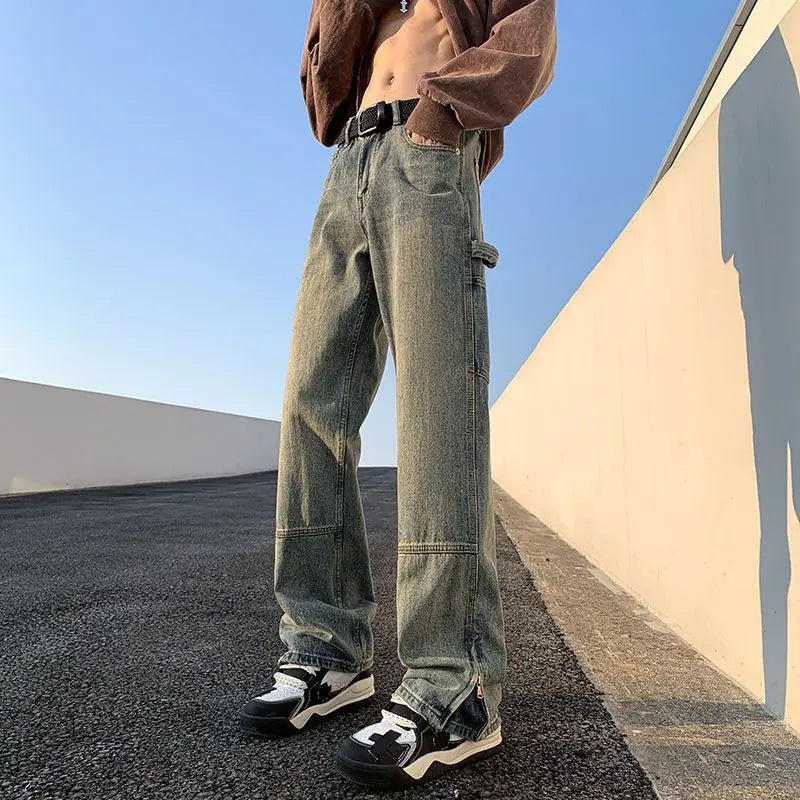 sanyamk American street hip-hop straight leg personalized design for men and women trendy loose leg jeans washed retro casual pants y2k