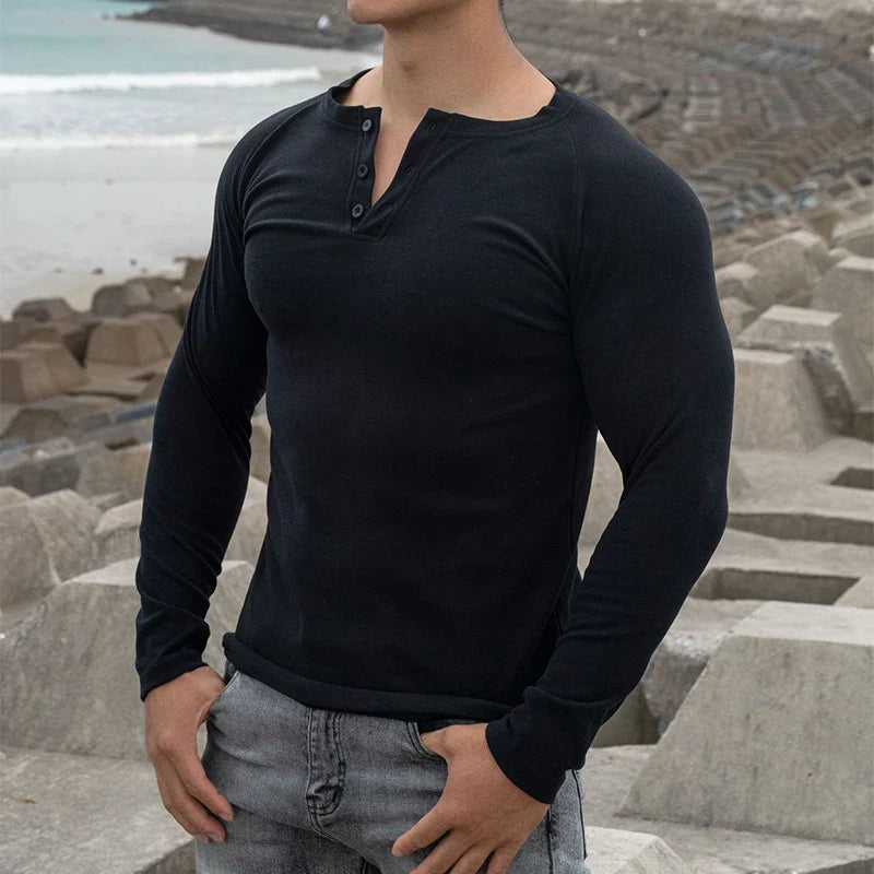 BONSIR - Spring Fall Casual Solid Slim Pullover Tees Male Fashion Long Sleeve t shirt Casual Double-plush Elastic Gym Shirts Men Clothing