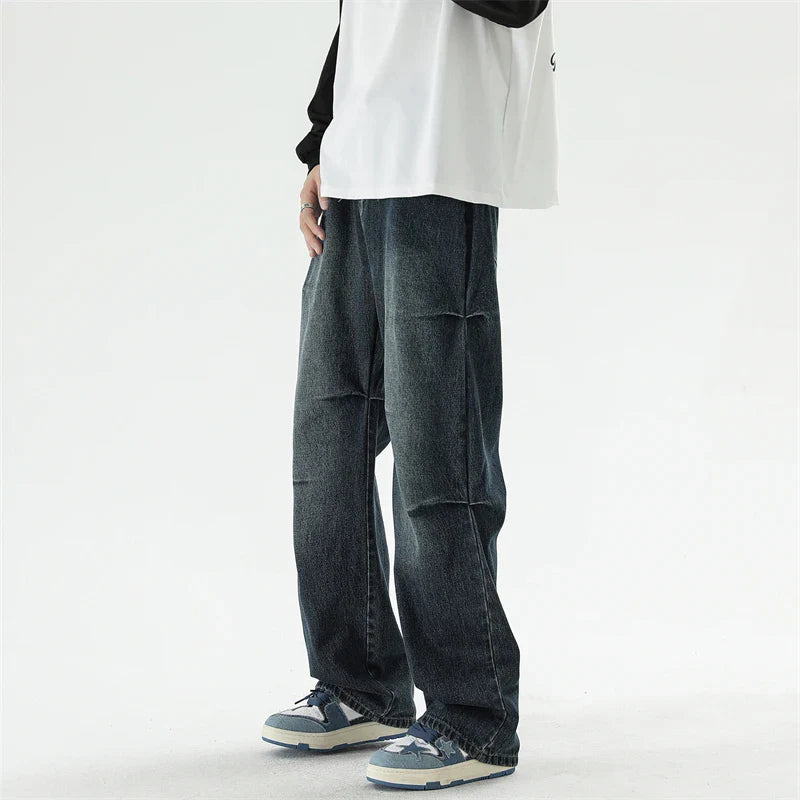 Bonsir Autumn New Wide Leg Jeans Men Belt Buckle Trousers Neutral Loose Casual Hip Hop Streetwear Washed Vintage Wrinkled Denim Pants