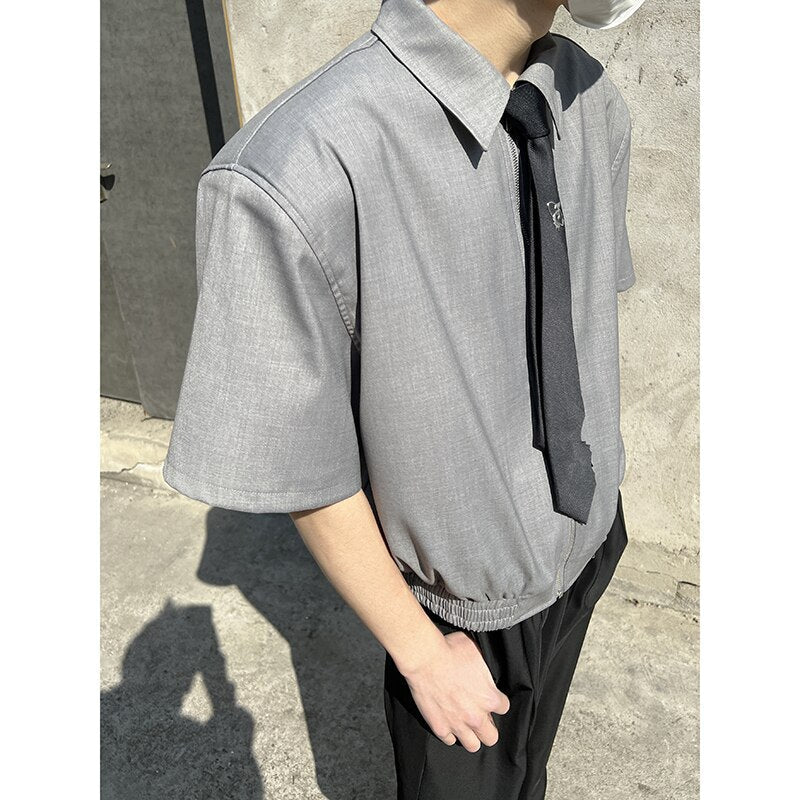 sanyamk Loose Short Sleeve Shirt Men Japan Korean Fashion Streetwear Casual Zipper Short Style Shirts and Blouses Male Vintage Shirts