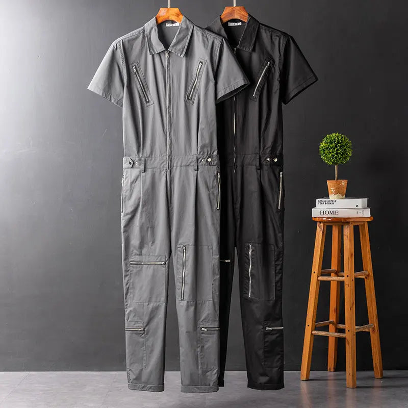 sanyamk - Summer Overalls Men Jumpsuit Lapel Cotton Short Sleeve Multi-Pocket Zipper Hip Hop Streetwear Pants Black Gray Trousers