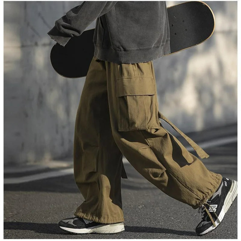 sanyamk Korean Version Vintage High Street Casual Work Pants Men's Students Solid Elastic Waist Pockets Loose Wide Leg Straight Trousers