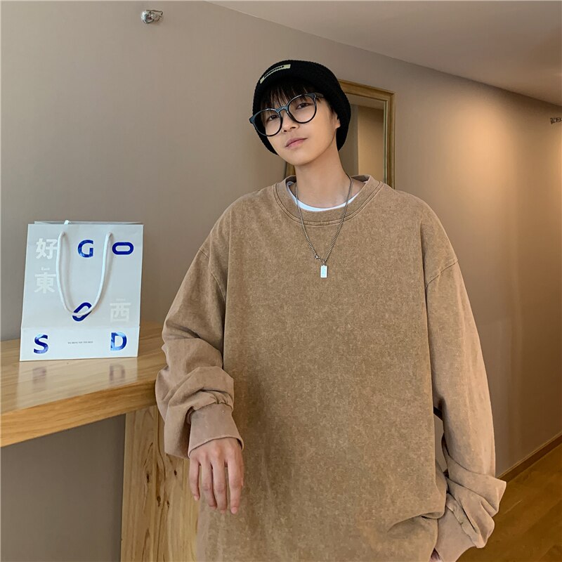 sanyamk Quality Autumn New Men's T-shirt Solid Color O-neck Long Sleeves Pure Cotton Vintage Women Loose T-shirts For Male Casual Tops