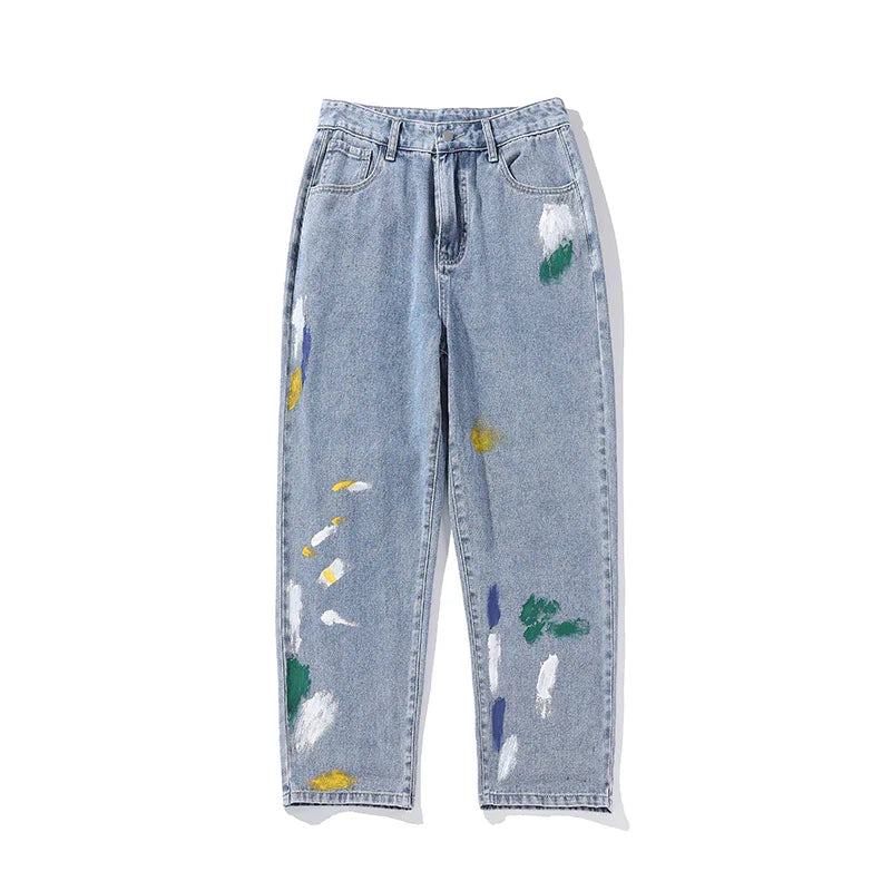 sanyamk Blue Denim Pants Men Graffiti Jeans New Straight Jean Pants Man Casual Baggy Neutral Denim Trousers Men's and Women's Pants