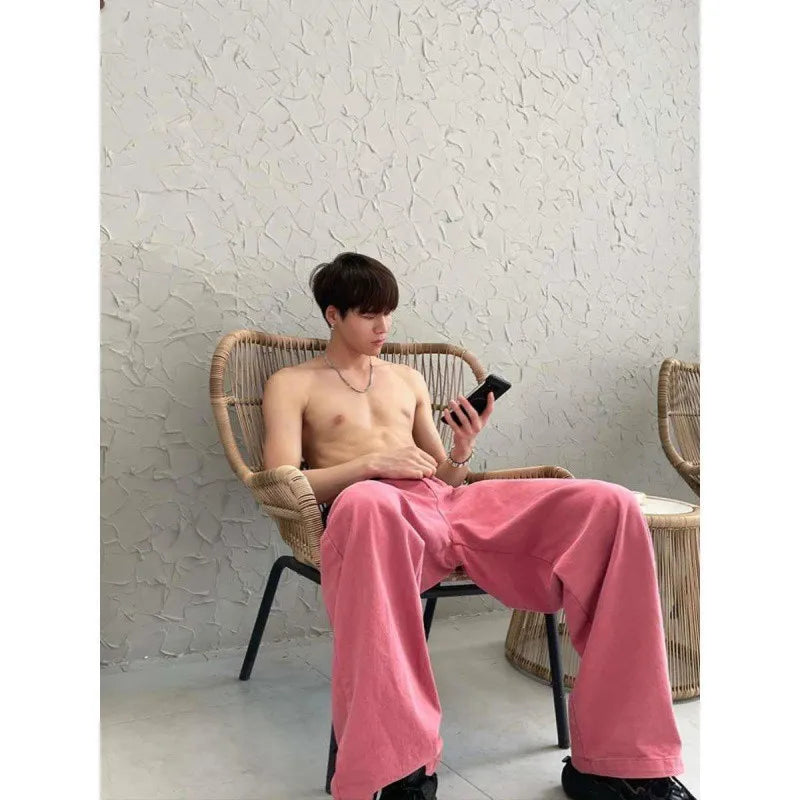 sanyamk Fashion Pink Pants Men's Jeans Loose Streetwear Baggy Denim Trousers Male Straight Bottoms Korean Style Trousers Hip Hop