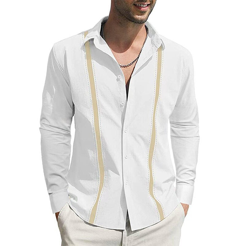 Bonsir Autumn Men Loose Shirts Casual Striped Patchwork Button-up Cardigans For Mens Spring Fashion Turn-down Collar Long Sleeve Shirt
