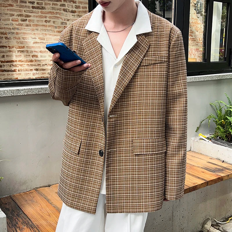 sanyamk - Fashion Oversize Plaid Blazer Jacket Men Japanese Style Clothing Vintage Casual Loose Grid Suit Coat Hip Hop Streetwear Khaki