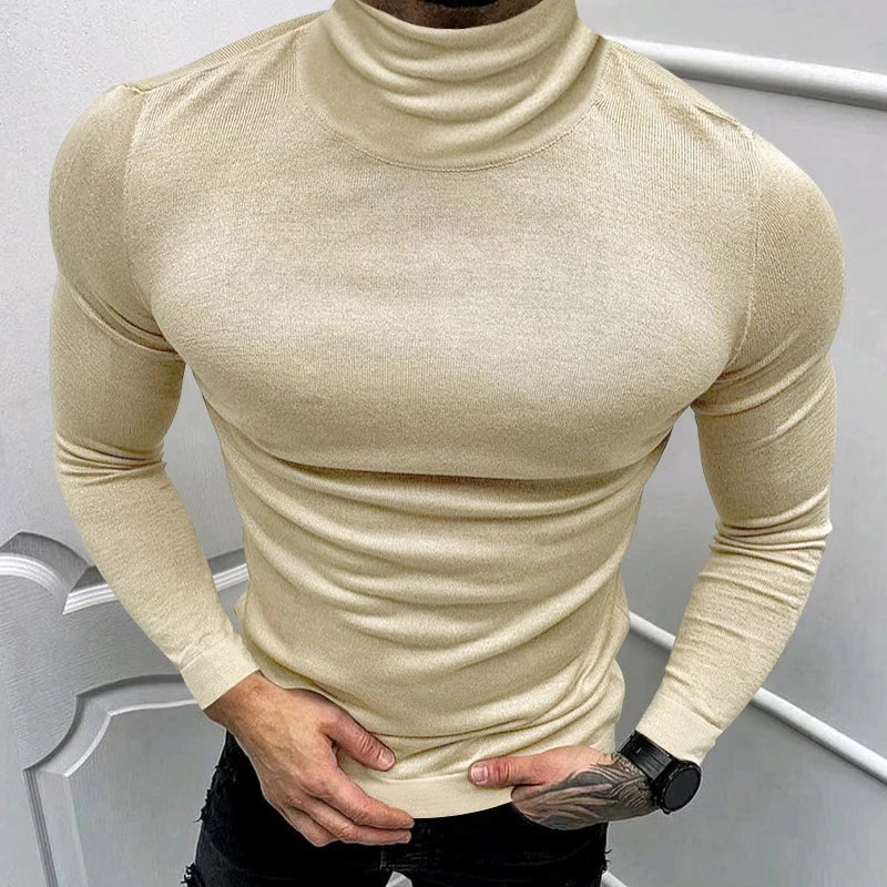 BONSIR - 2024 Spring Fall Casual Solid Color Basic T-shirt Men Clothing T Shirt Luxury Men's T Shirts Turtleneck Long Sleeve Slim Tops