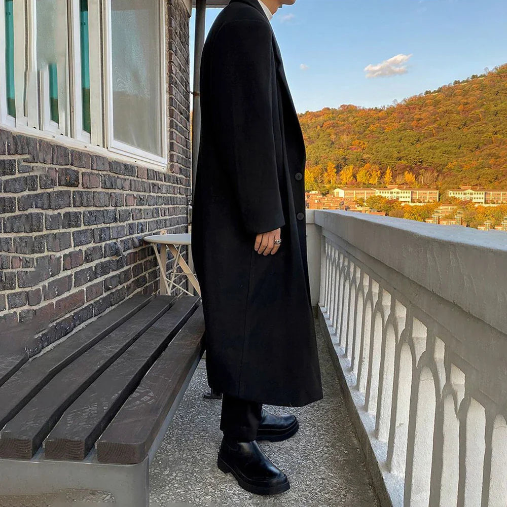 sanyamk Woolen Coat Men's Autumn Winter New Korean Style Trendy Loose Mid-Length Elegant Retro Simple Comfort Solid Woolen Coat Jacket