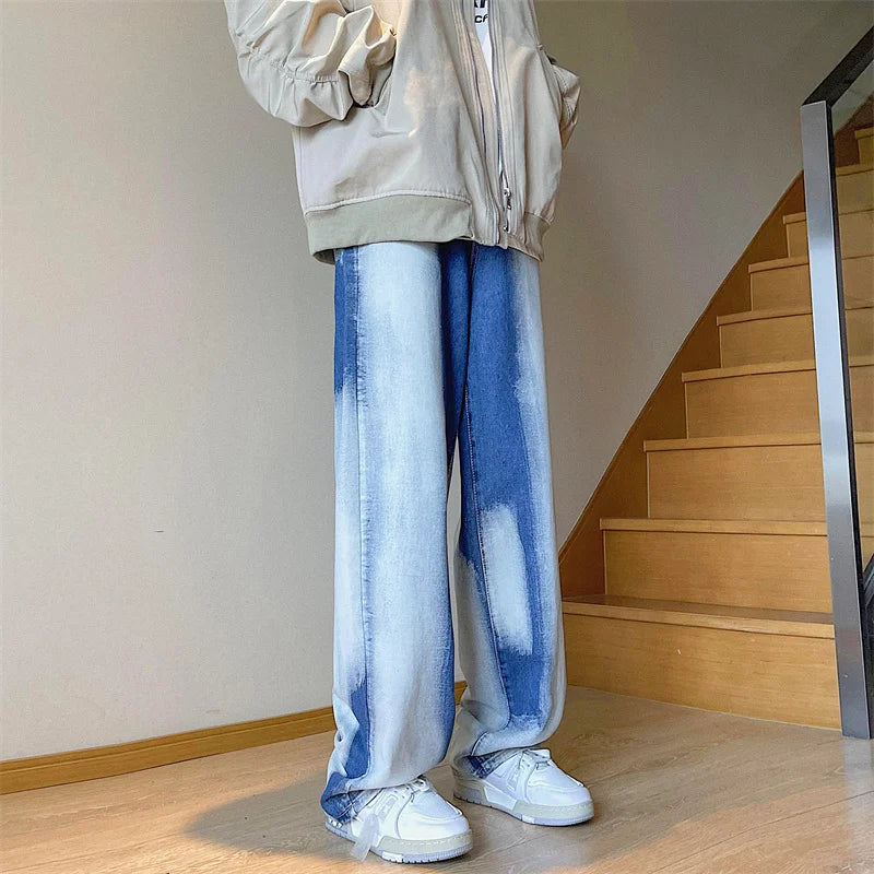 sanyamk Young Men's Tie-dye Loose Straight Jeans Street Hip-hop Baggy Wide-leg Pants Korean Style Fashion Skateboard Casual Pants