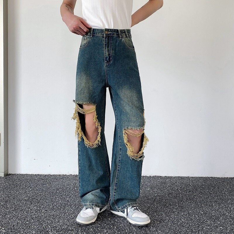 Bonsir Summer Men's Worn Out Jeans Vintage Distressed Hole Wide Leg Denim Straight Pants Korean Personality Casual Srteet