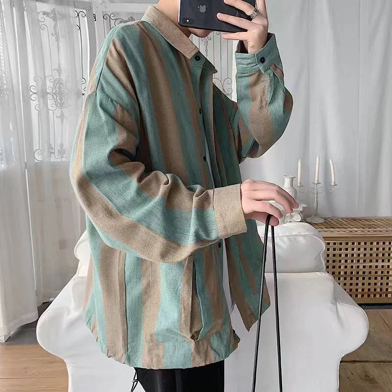 Bonsir Green White Vertical Striped Long Sleeve Shirt Men Oversized Blouses Spring Fall Fashion Japan Vintage Hit Color Cardigan