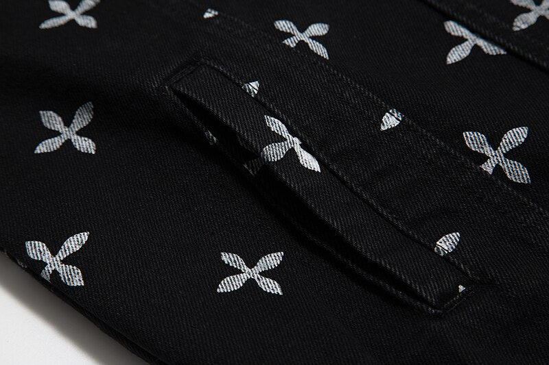 sanyamk High Street Full Cross Print Laple Black Jeans Coats for Men and Women Spliced Retro Hip Hop Autumn Casual Denim Jacket