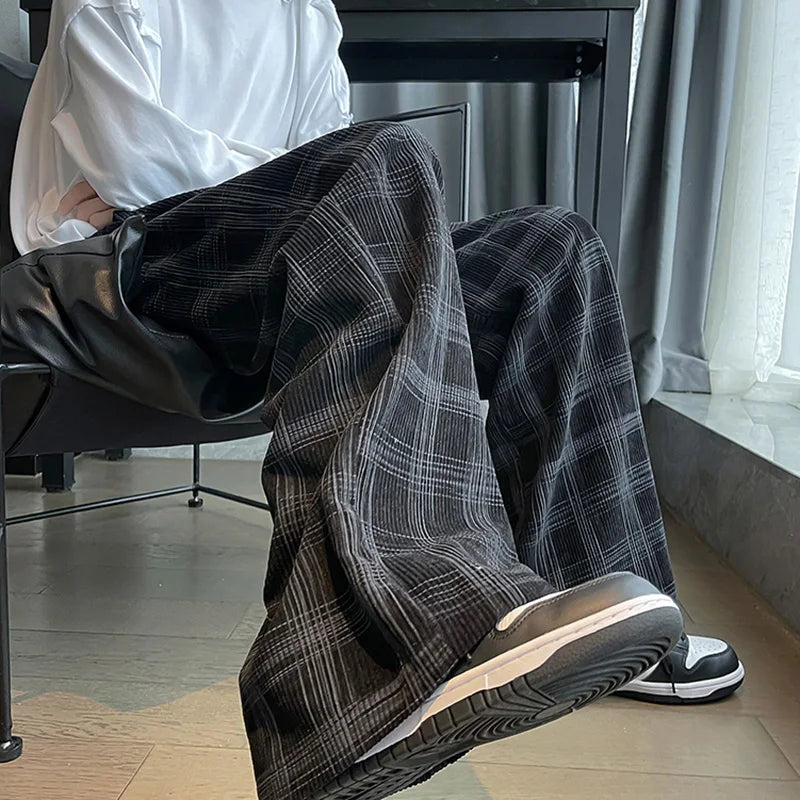 sanyamk - Men's Plaid Corduroy Pants Spring Male Straight All-match Pants Unisex Casual Sweatpants Streetwear Oversize Sport Trousers Wide