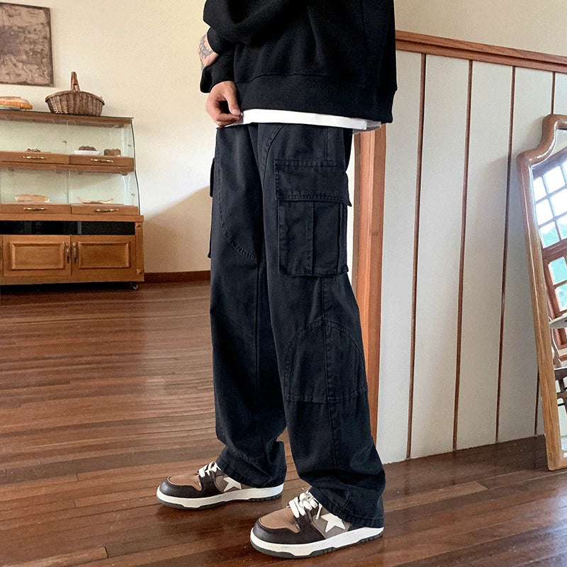 sanyamk Wide Leg Jeans Men Safari Style Washed Vintage Japanese High Street Retro Spring Autumn All-match Full Length Chic