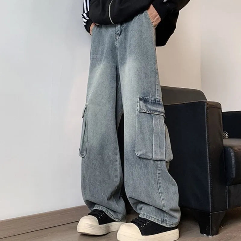 sanyamk Men Cargo Jeans Loose Straight Wide Leg Denim Pants Men's Hip Hop Streetwear Neutral Skateboard Mopping denim Trousers