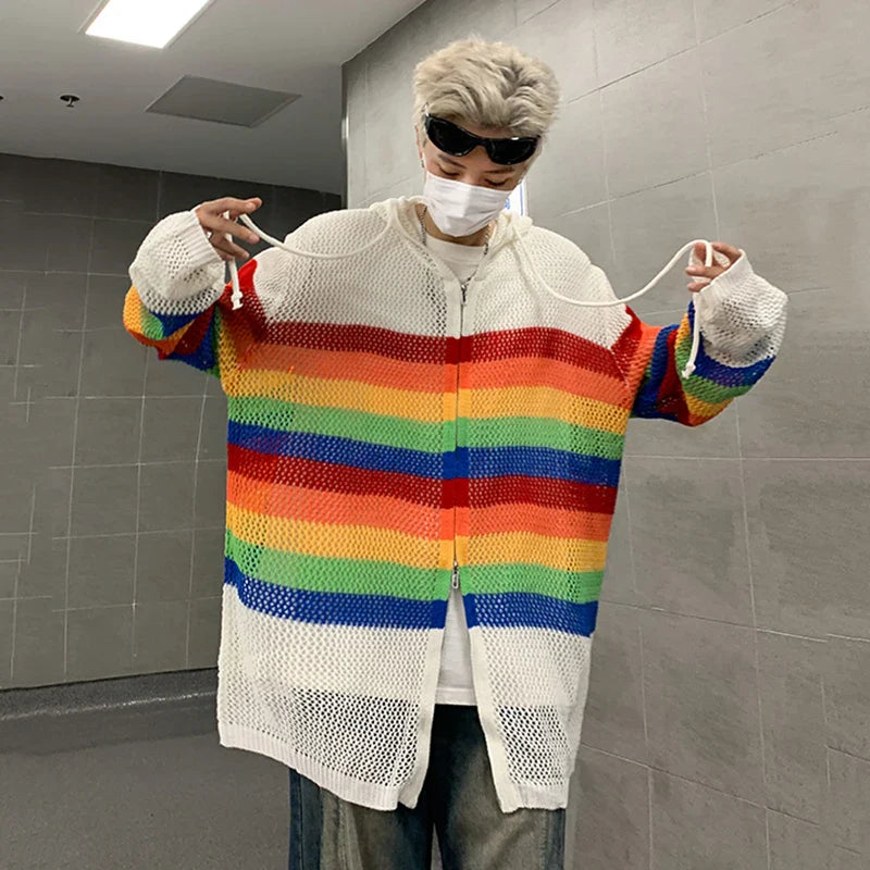 sanyamk - Korean Style Men's Hooded Casual Drawstring Hollow Out Zipper Striped Contrast Color Hooded Loose Male Sweatshirts 9C8026