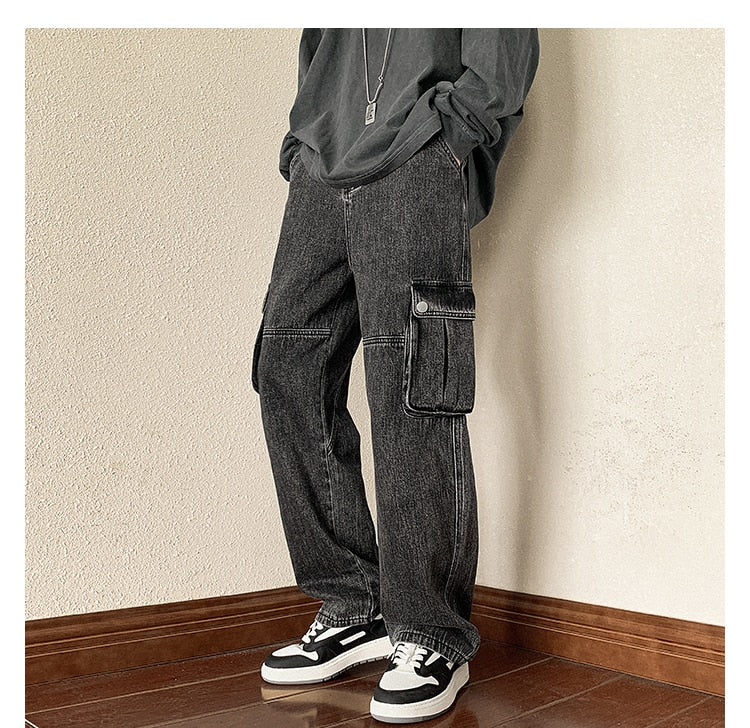 sanyamk 4 Colors Baggy Cargo Jeans Men Fashion Casual Pocket Jeans Men Streetwear Hip Hop Loose Straight Denim Pants Mens Trousers M-2XL