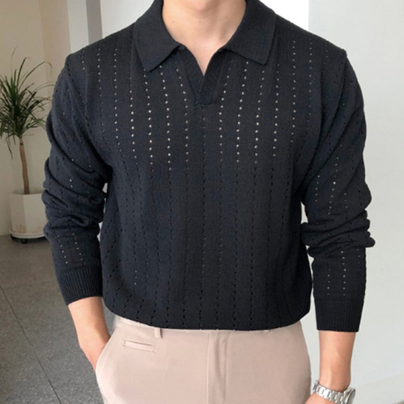 sanyamk Casual Solid Knit Polo Shirt Men Autumn Fashion Turn-down Collar Long Sleeve Pullovers Tops For Mens Clothes Slim Knitting Polos
