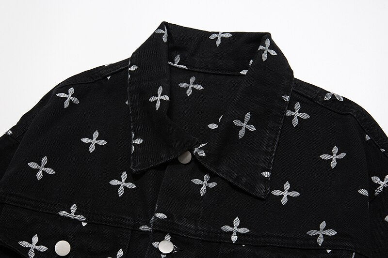 sanyamk High Street Full Cross Print Laple Black Jeans Coats for Men and Women Spliced Retro Hip Hop Autumn Casual Denim Jacket