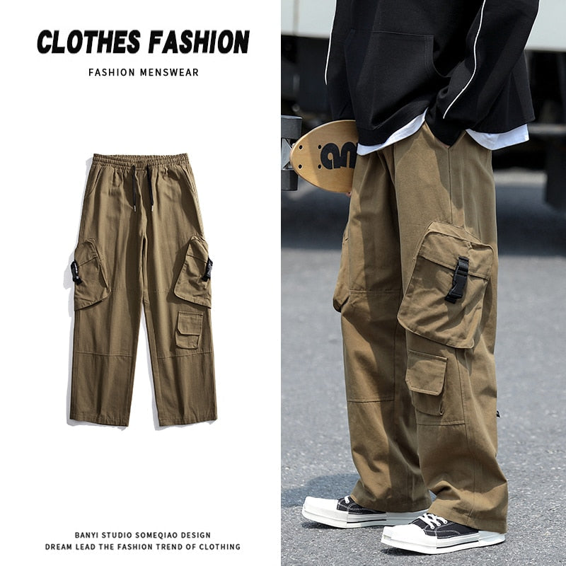 Bonsir Baggy Large Pocket Cargo Pants Men Khaki Cargo Trousers Neutral Vintage Loose Casual Autumn Japanese Streetwear Hip Hop Pant