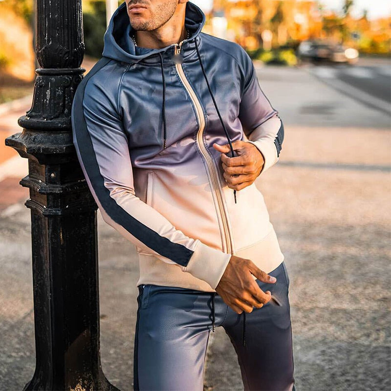 Bonsir Autumn Sweatsuits Men Tracksuit Slim Long Sleeve Zip-up Hooded Sweatshirt And Pants Suits Mens Gradient Fashion Two Piece Sets