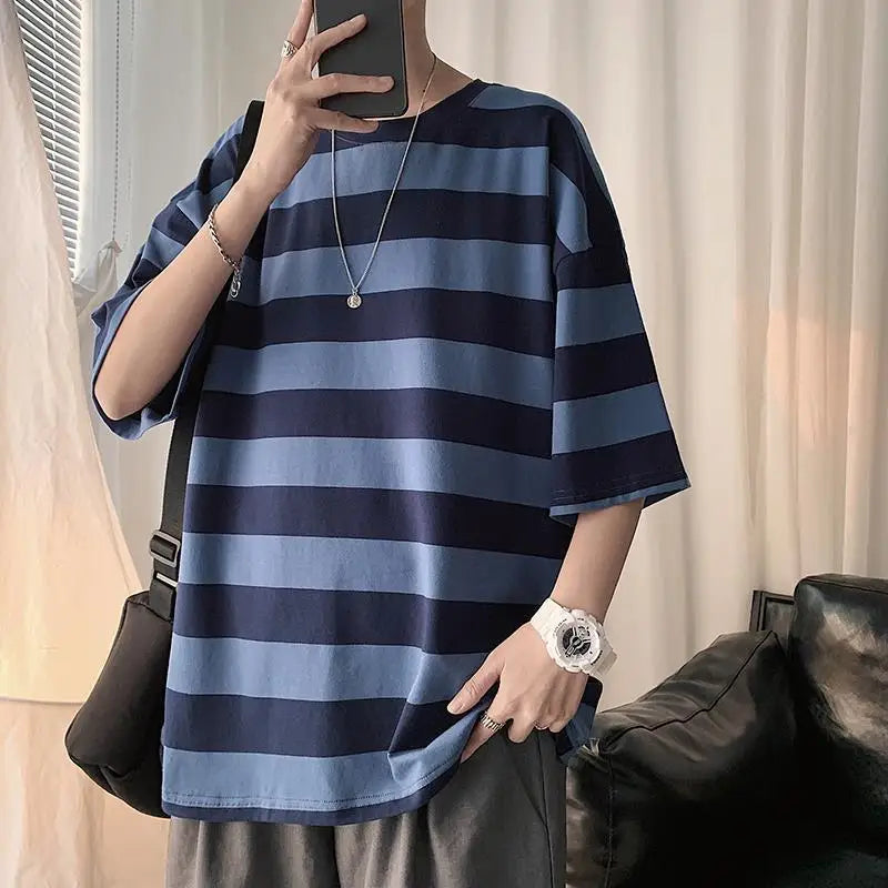 sanyamk - Printing Round Neck Spring Summer T-Shirts Simplicity Striped Handsome Short Sleeve Pullovers Loose Streetwear Men's Clothing