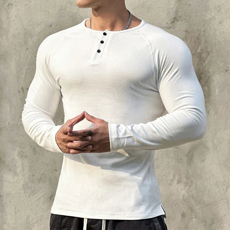 sanyamk - Casual Long Sleeve Solid T-shirt Gym Man Long Sleeve Henry Collar Shirt Muscle Men Elastic Ribbed Basic Tops Pullover Streetwear