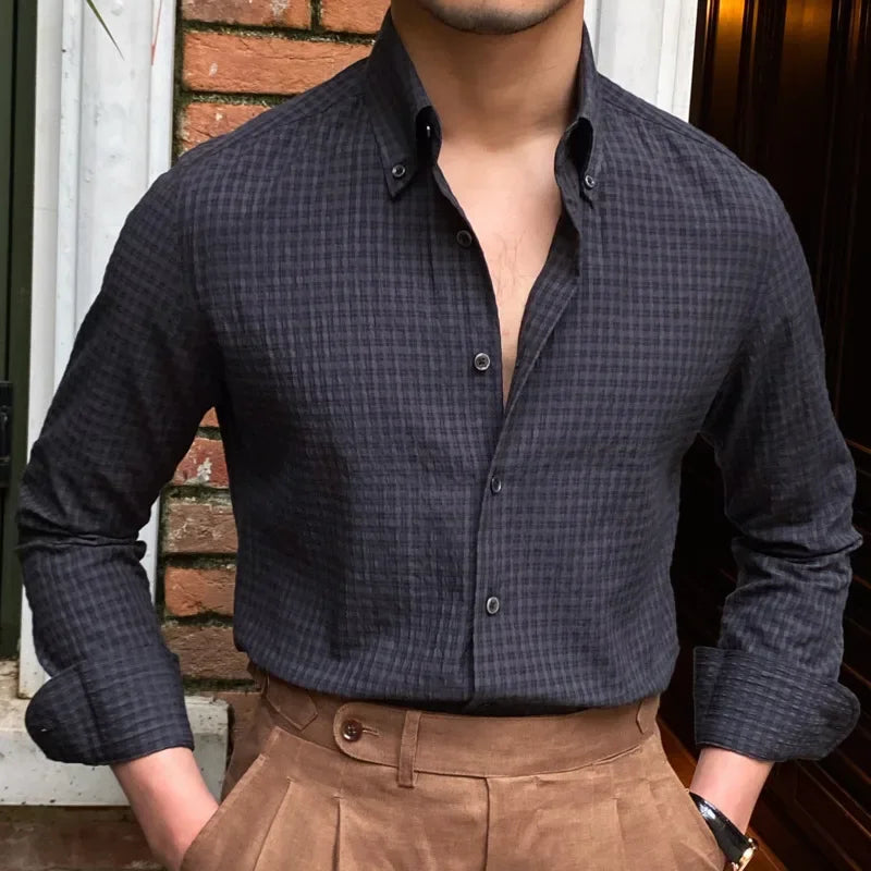 sanyamk - Men Gentlemen Seersucker Casual Long-sleeved Shirt Retro Breathable Anti Wrinkle Shirt Italian Slimming Trend Camiseta Masculina