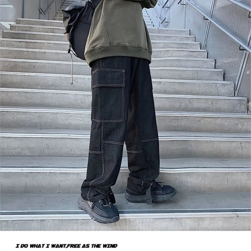 sanyamk Autumn Cargo jeans men Wide Leg Denim pants Loose Jeans Straight Baggy Men's Jeans hip hop Streetwear Neutral denim Trousers