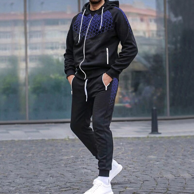 Bonsir Fashion Graphic Print Tracksuit Men Casual Hoodies Two Piece Sets Autumn Mens Long Sleeve Hooded Sweatshirt And Pants Suits Male