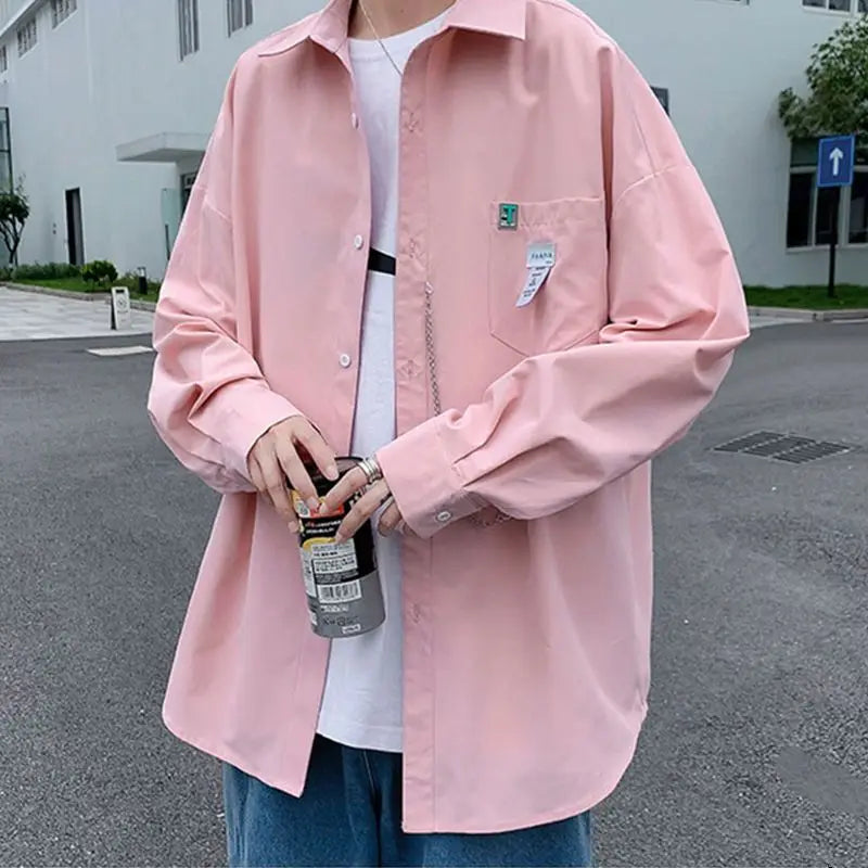 Bonsir Men Korean Fashion Appliques Oversized Chain Design Streetwear Harajuku Y2K Shirts Youth Handsome Casual Solid Long Sleeve Tops