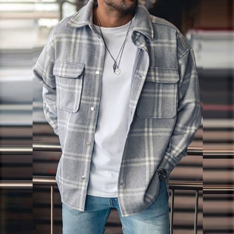 Bonsir Casual Long Sleeve Mens Jackets Button-up Turn-down Collar Cardigans Tops Autumn Men Fashion Plaid Printed Coats Outerwear
