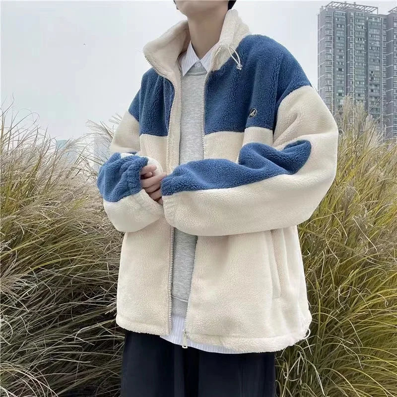 sanyamk Winter Fleece Fluffy Jacket Warm Fuzzy Zipper Patchwork Coat Men Autumn Lightweight Jackets Streetwear Hip Hop Harajuku