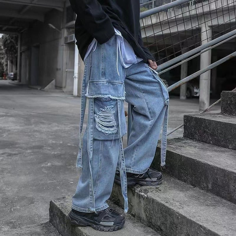 Bonsir Men's Loose Wide Leg Pants Ribbon Streetwear Casual Pants Retro Oversized Jeans Fashion Trend Blue/black Trousers M-2XL