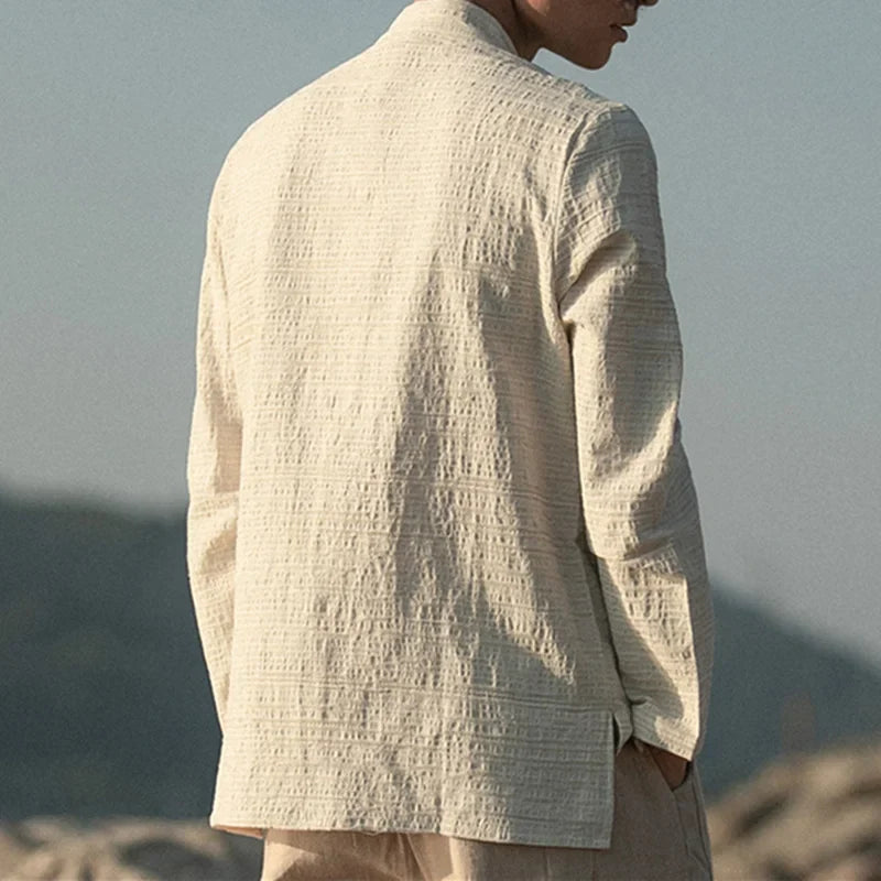 sanyamk - Chinese Style Stand-Up Collar Shirt Men Spring Autumn Linen Tang Suit Shirt Fake Two Loose Plus Size Coat Tai Chi Clothes Male
