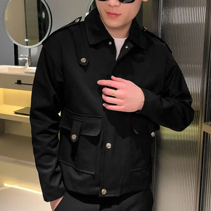 BONSIR - Autumn Retro High Street Couple Bomber Jacket Solid Color Large Pocket Baseball Jacket Men Coat Lapel Jacket Male Club Outfit