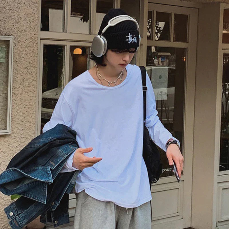 sanyamk - Men's T-shirts Korean Style Casual Large Neckline Round Collar Solid Color Long Sleeve Loose Male Tees New Simple 9C7619