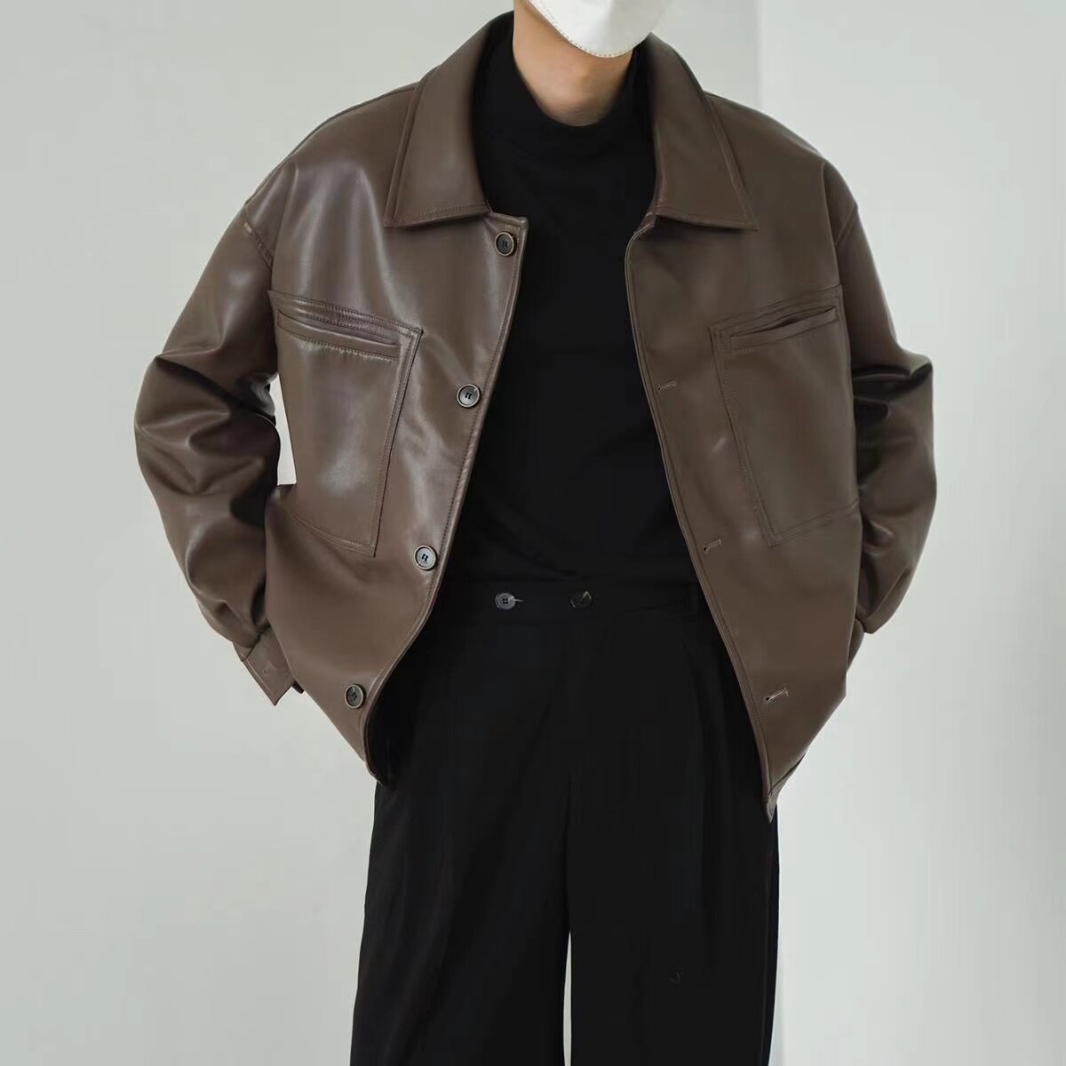 sanyamk Men's Vintage Korean PU Leather Streetwear Jacket Lapel Collar Casual Loose Short Coat Fashion Trend Outerwear Size M-2XL