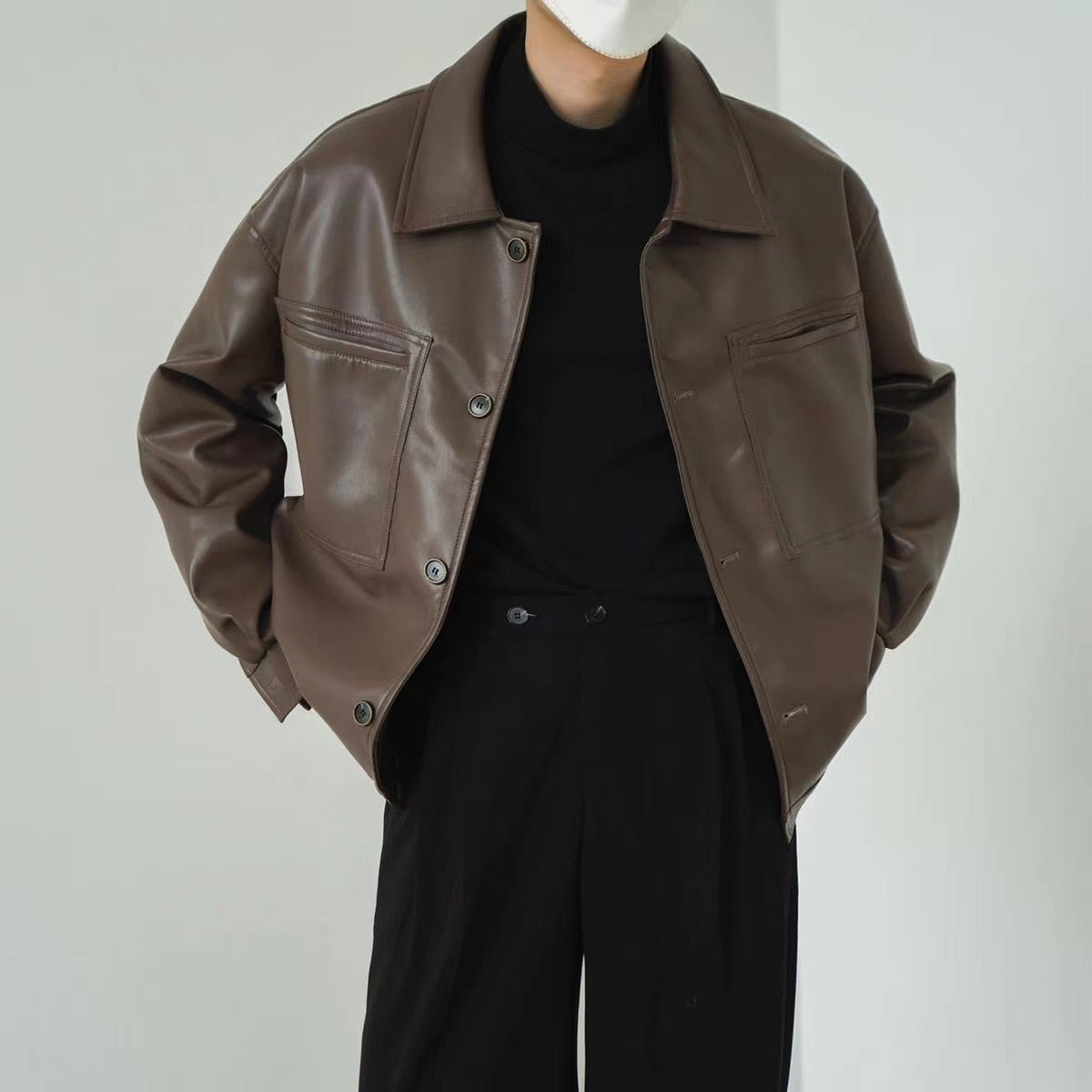 sanyamk Men's Vintage Korean PU Leather Streetwear Jacket Lapel Collar Casual Loose Short Coat Fashion Trend Outerwear Size M-2XL