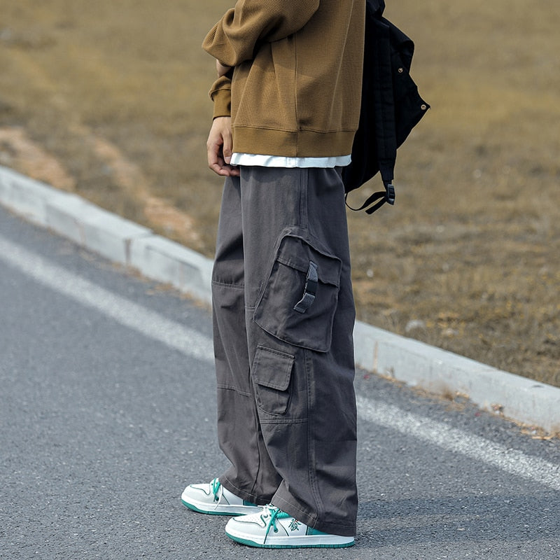 Bonsir Baggy Large Pocket Cargo Pants Men Khaki Cargo Trousers Neutral Vintage Loose Casual Autumn Japanese Streetwear Hip Hop Pant