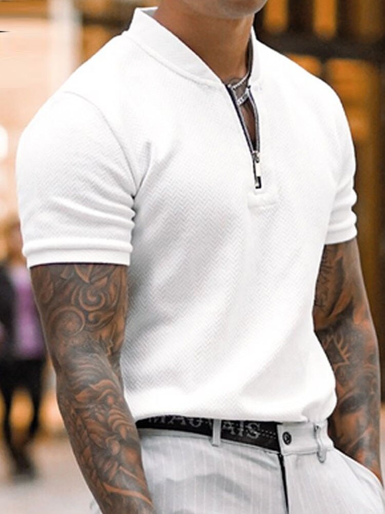 sanyamk Summer Short Sleeve Knitted Solid Polo Shirts Men Fashion Zippers Turn-down Collar Pullover Tops Casual Mens Clothes Slim Polos