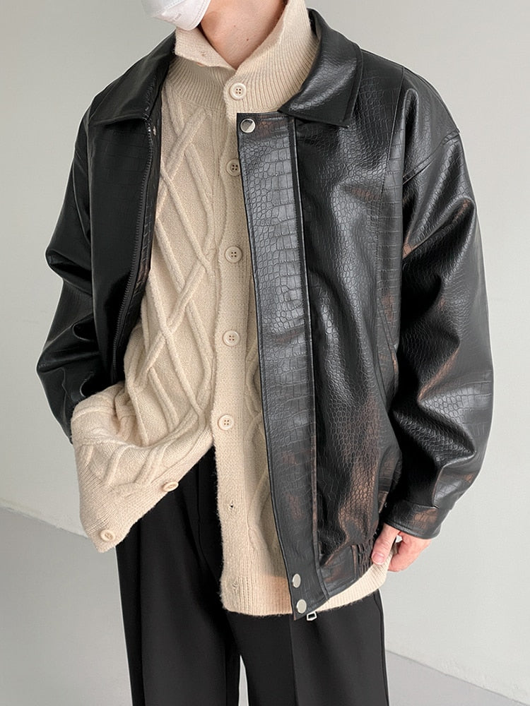 Bonsir PU Leather Jacket Men's Fashion Loose Wear Autumn New Lapel High Street Zipper Long Sleeve Male Short Coat L55