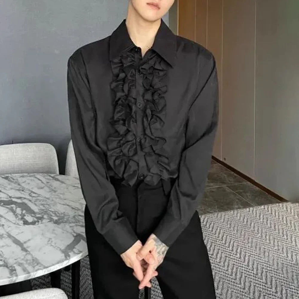 sanyamk Mens Palace Style Ruffled Long-Sleeved Shirt 2024 New Genderless Medieval Pleated Loose Retro Solid Color Stage Clothing Unisex